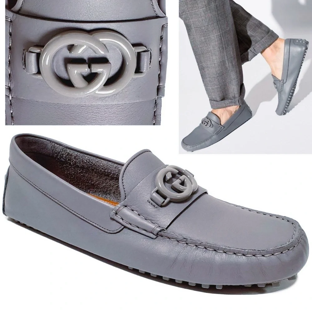 Gucci Grey Leather Interlocking G Drivers Loafers Men’s Size 6.5 / Women’s 8-8.5